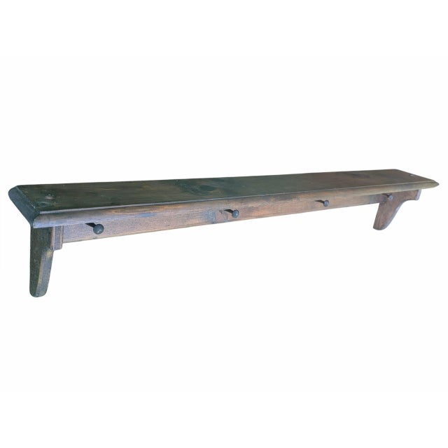 Vintage Farmhouse English Cottage Wooden Wall Shelf With Peg Hooks For Sale - Image 12 of 17