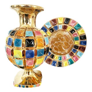 Vintage Vase with Plate by Sesto Fiorentino, 1950s, Set of 2 For Sale