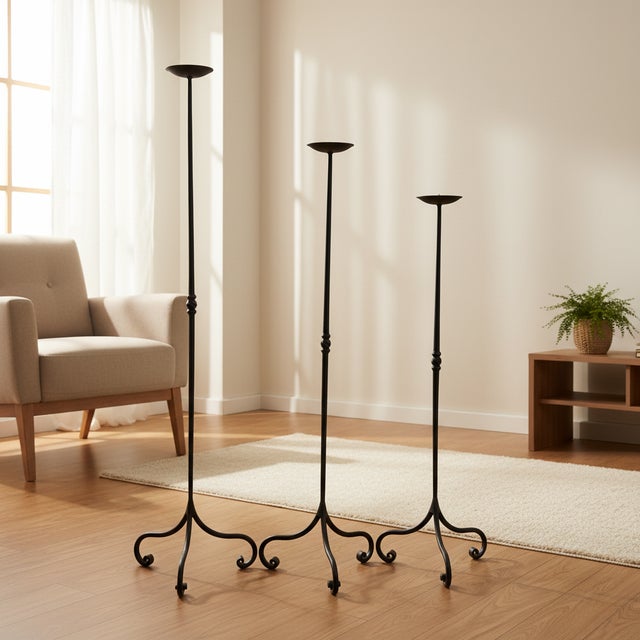 The Ornate Node Trio: Floor Candelabra Set ️ Bring the charm of a Parisian apartment to your home with this Hand-Forged...