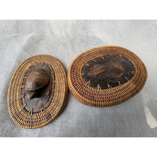 Boho Chic Vintage Indonesian Lombok Woven Rattan Lidded Basket With Wood Carved Turtle For Sale - Image 3 of 18