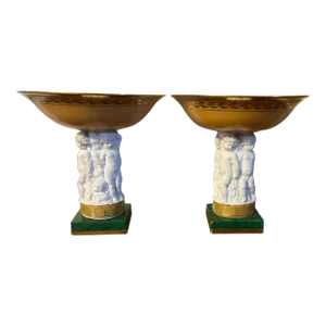 Antique Early 19th Century French Empire Paris Porcelain Tazza Compotes With Faux Malachite Bases