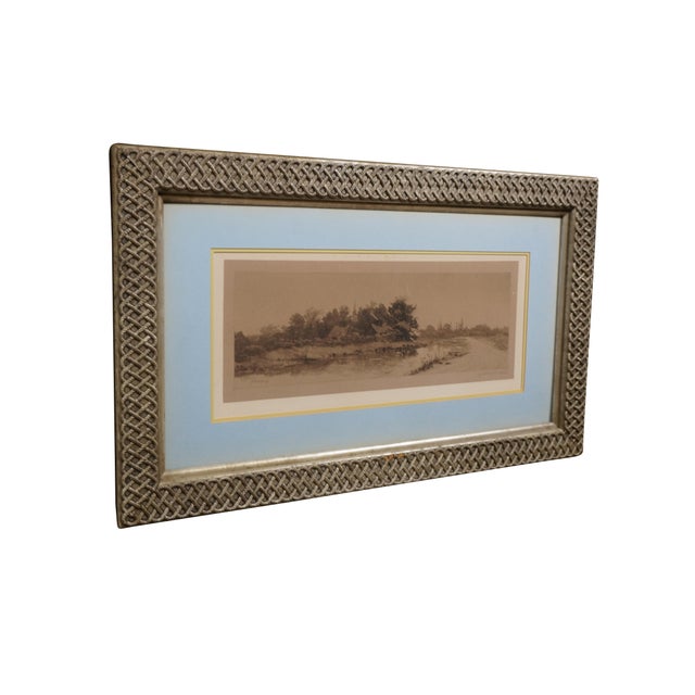 Antique Louis Kinney Harlow / John Millspaugh panoramic country etching featuring a view of cottages and a church steeple...