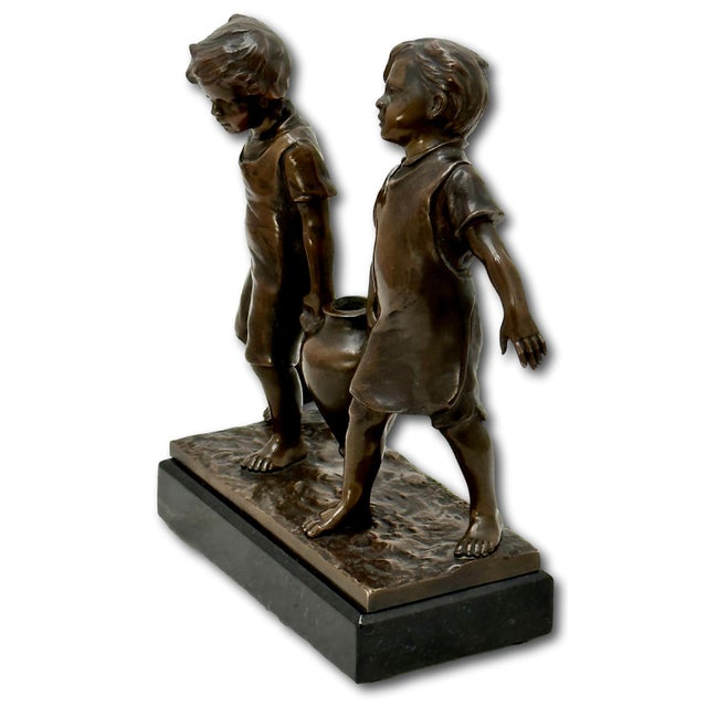 Bronze Very Cute Antique French Bronze Children With Amphora Figure by Noted Italian Sculptor Paolo Ferrari - Circa Early 1900ss For Sale - Image 8 of 12