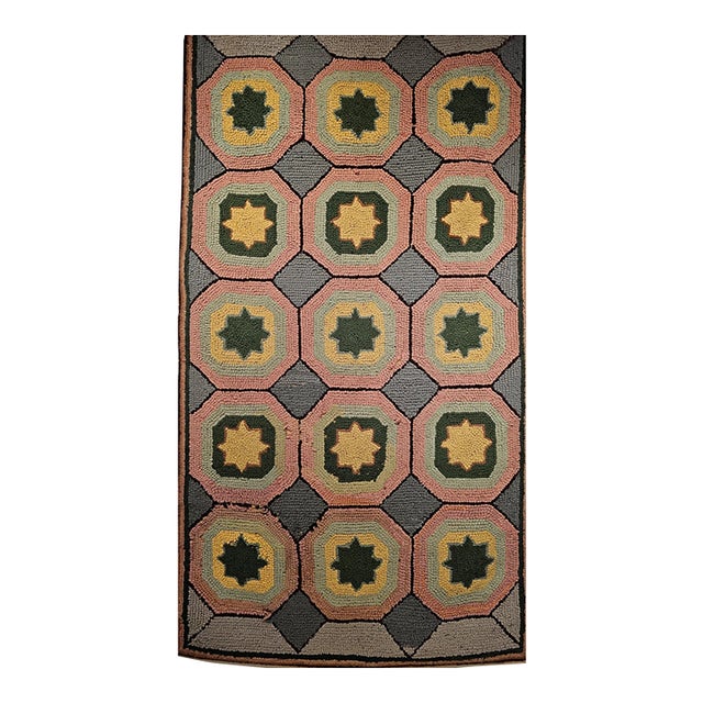 Vintage Hand-Hooked Rug, Allover Geometric Design, Wool & Cotton, American Folk Art, 3x5 For Sale