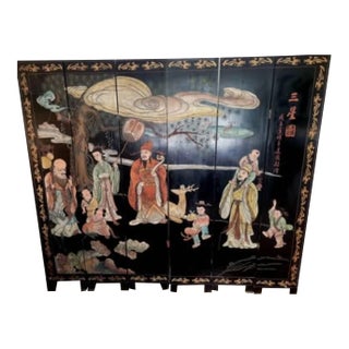 Large Antique 7' Chinese 6-Panel Lacquer Folding Screen – Sanxing Three Star Gods– Hand Painted/Gilt For Sale