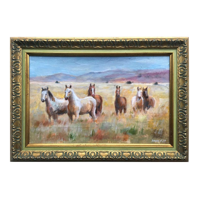 Framed Original Painting Landscape Iceland Horses by Valeriya Serova For Sale