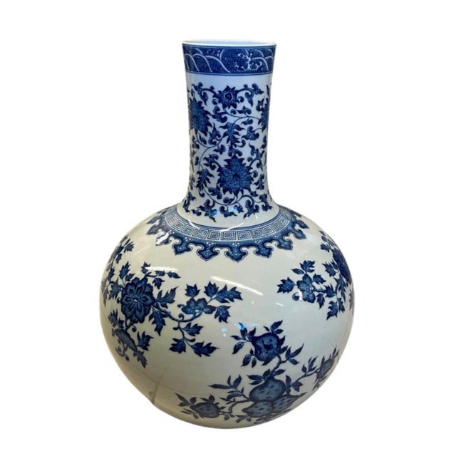 Chinese Vintage Chinese Blue and White Porcelain Tianqiuping Globular Vase – Pomegranate & Floral Motif For Sale - Image 3 of 12