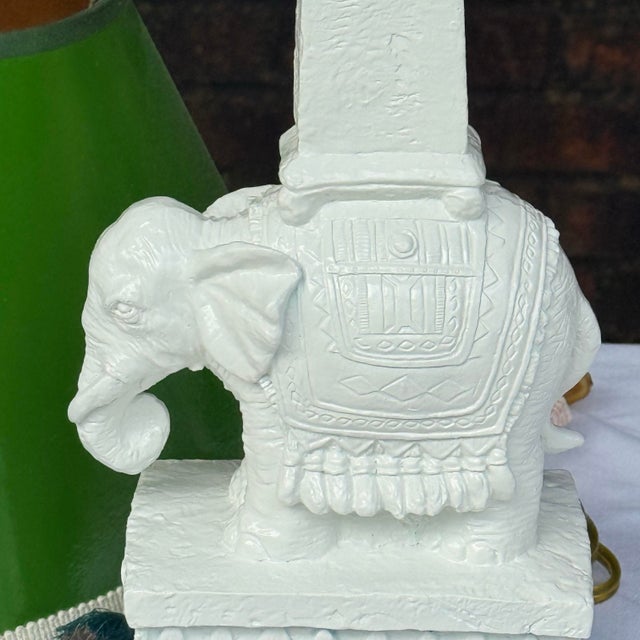 1999 White Lacquered Elephant Table Lamp With Green Laquered Shade - Newly Painted For Sale - Image 10 of 12