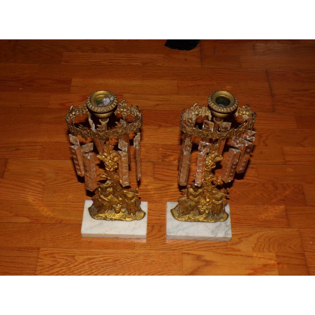Pair Antique Victorian Girandoles Brass Marble Crystal Candelabra Candle Holders For Sale - Image 13 of 15