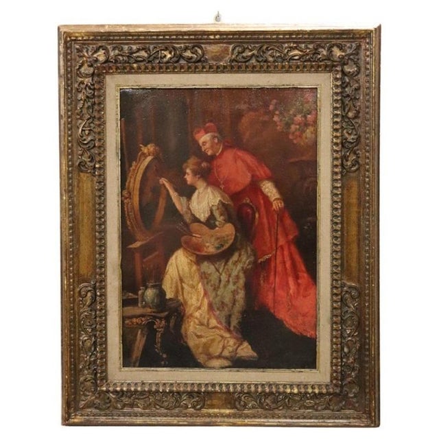Italian School Artist, Young Woman Painter with Cardinal, Oil Painting on Cardboard, 19th Century, Framed For Sale - Image 17 of 17