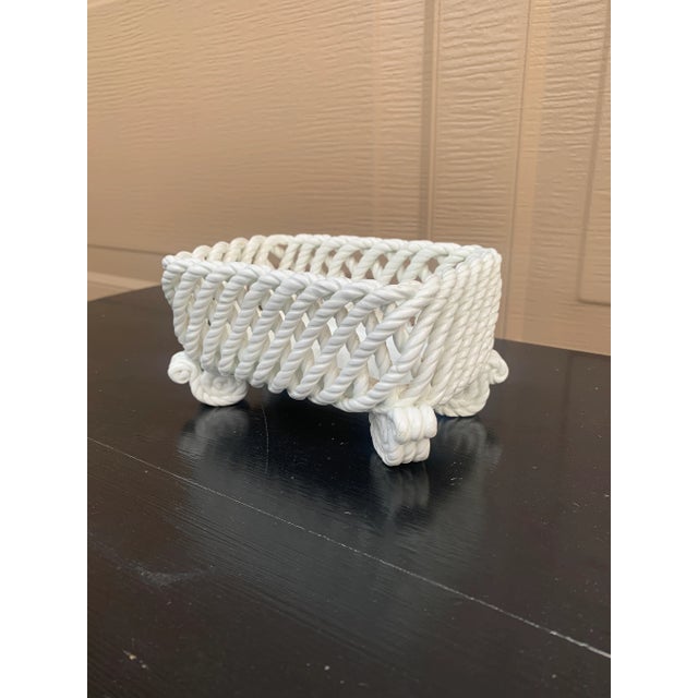 French Country 1980s French Country White Ceramic Woven Rope Cachepot Basket For Sale - Image 3 of 11