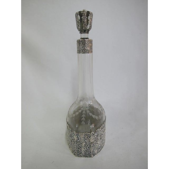 Antique Mauser Sterling Silver Repousse Cherub Overlay Etched Crystal Decanter For Sale - Image 12 of 13