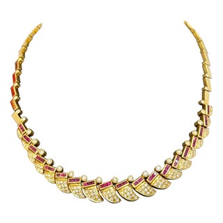 Natural 3 Ct Ruby & 4 Ct Diamond Necklace 18 Karat Yellow Gold 75 Grams, 18 Inc For Sale