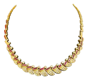 Natural 3 Ct Ruby & 4 Ct Diamond Necklace 18 Karat Yellow Gold 75 Grams, 18 Inc