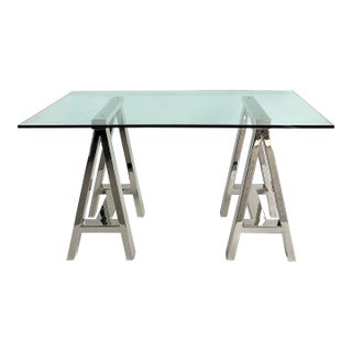 Williams Sonoma Home "Mason" Sawhorse Glass Top Table/Writing Desk For Sale