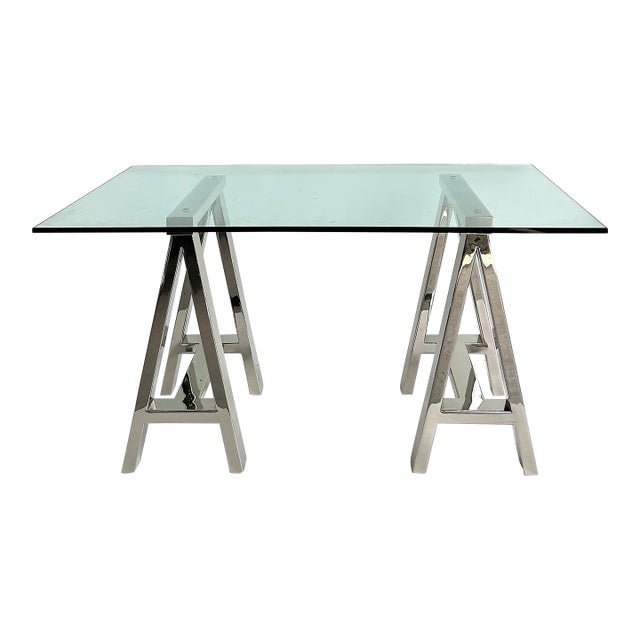 Williams Sonoma Home "Mason" Sawhorse Glass Top Table/Writing Desk For Sale