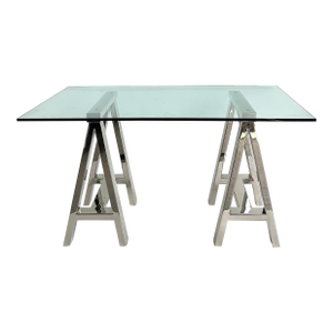 Williams Sonoma Home "Mason" Sawhorse Glass Top Table/Writing Desk
