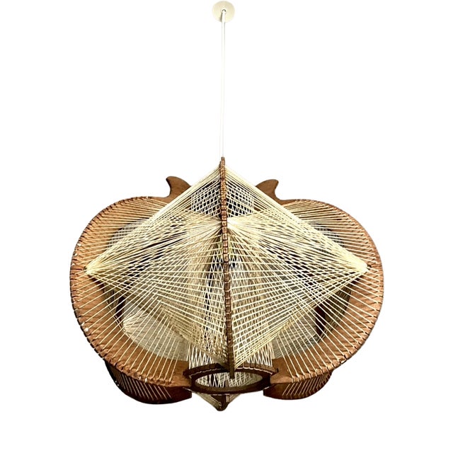 Scandinavian Cotton and Wood Pendant Light with Taut Wires, 1960 For Sale
