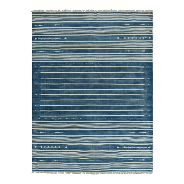 Rug & Kilim's Contemporary Dhurrie Rug in Blue and Off-White Stripes - 10x14 For Sale