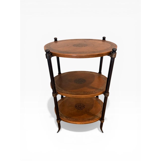 Spanish Revival Late 20th Century Leather-Wrapped & Iron Three-Tier Oval Side Table, Made in India For Sale - Image 3 of 10