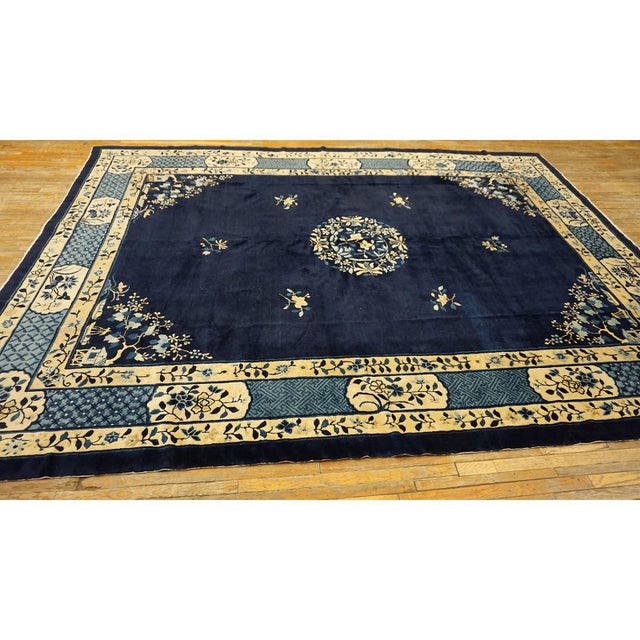 1900s Blue Classic Greek Key Swastika Anitque Chinese Peking Wool Room Size Rug For Sale - Image 10 of 10