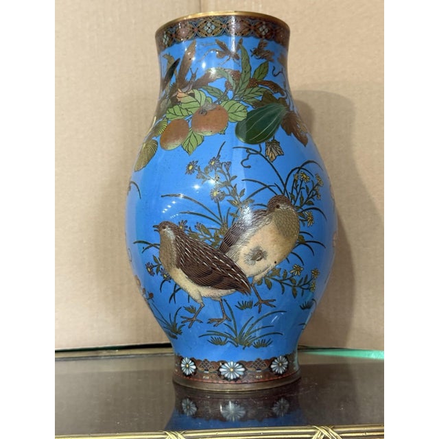 Blue Meiji Japanese Cloisonne Enamel Vase With Quail, Insects, Fruit, and Flowers For Sale - Image 8 of 15