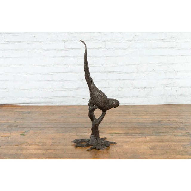 Contemporary Bronze Statue of a Parrot Perched on a Branch and Leaning Down, with Dark Patina For Sale - Image 4 of 13