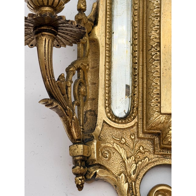 Antique French Renaissance Revival Cast Brass Girandole Sconce Mirrors - A Pair For Sale - Image 9 of 16