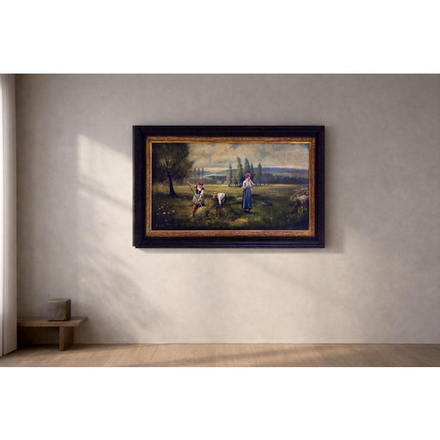 1990s Emilio Pergola, Italian Pastoral Landscape with Figures, 1990s, Oil on Canvas For Sale - Image 5 of 6