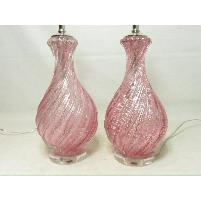 Pair of Vintage Rose Murano Glass Lamps For Sale - Image 12 of 18