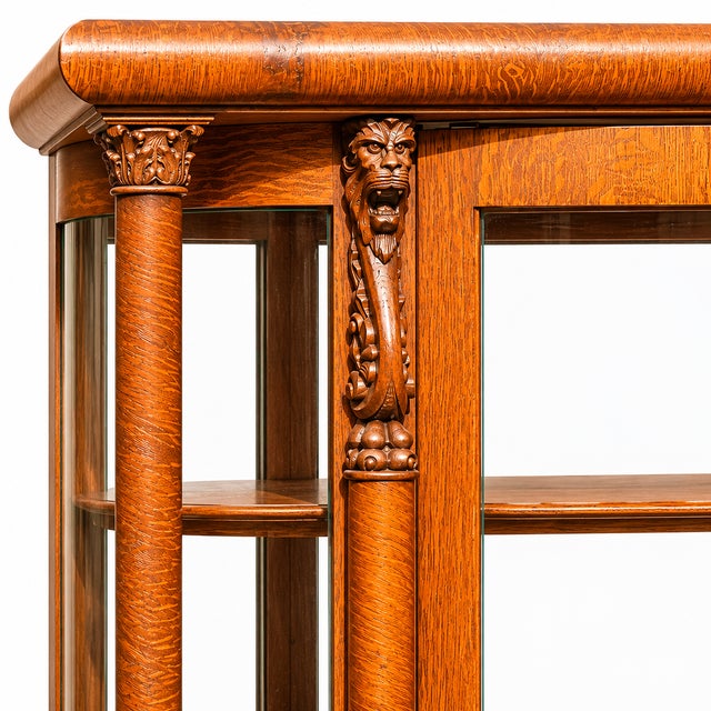 Antique 1900 American Oak Triple Curved Glass China Cabinet | Carved Lion Head & Claw Foot | Bow-Front China Cabinet A...