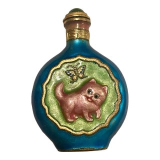 Late 20th Century Colorful Enamel Snuff Bottle Perfume W/Cat & Butterfly Pink Green Blue For Sale