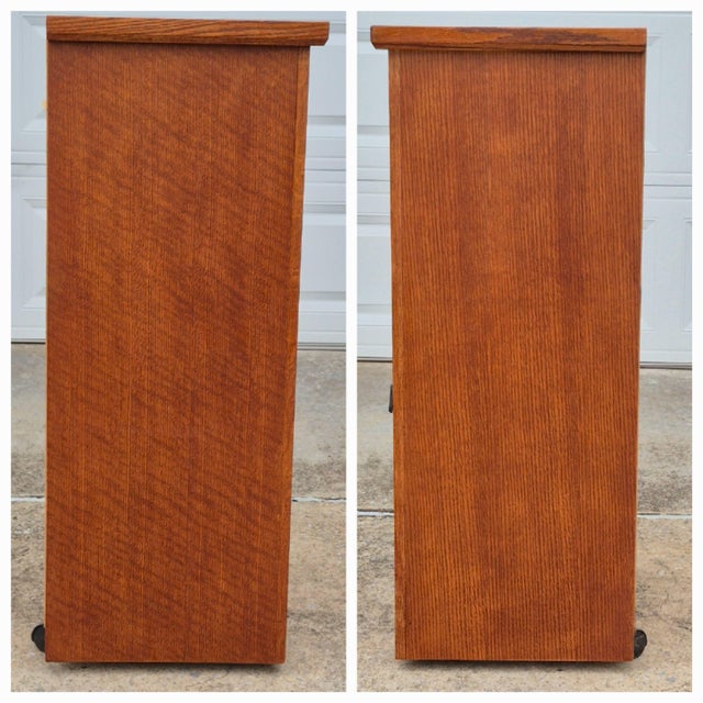 Brown 2005 Mission Arts & Crafts Oak Veneer Leaded Glass Wheeled Cabinet Stereo Component Storage Bar For Sale - Image 8 of 10