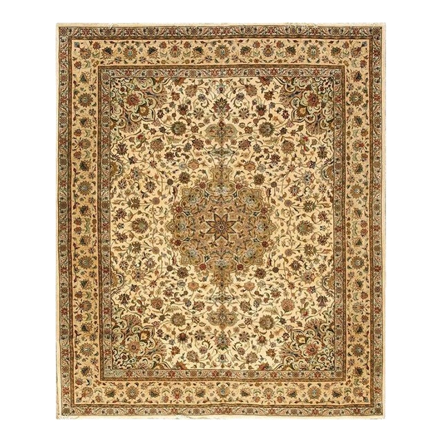1940s Beige Traditional Medallion Antique Tabriz Knotted Wool Room Size Rug For Sale