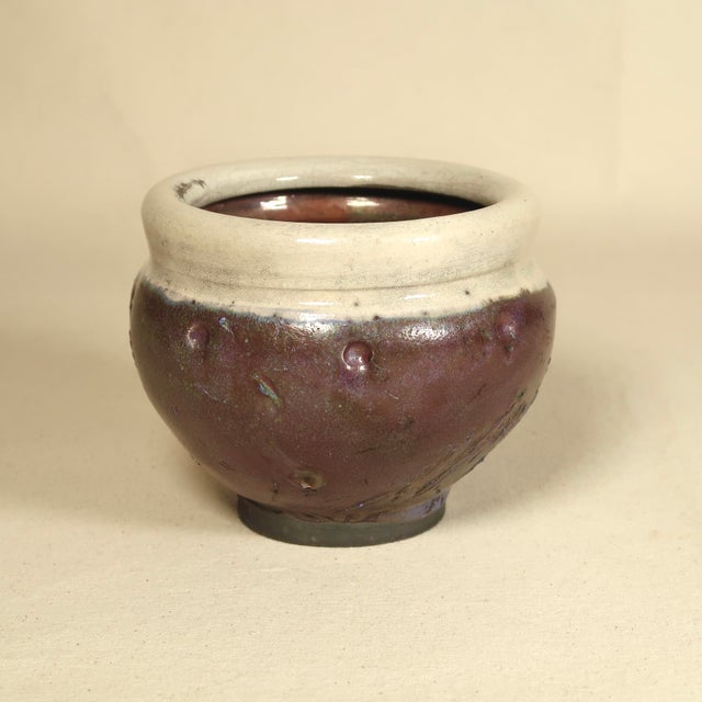 Late 20th Century Handmade Textured Raku Studio Pottery Vessel in Iridescent Burnt Sienna Glaze With Plum & Green Reduction Finish For Sale - Image 10 of 13