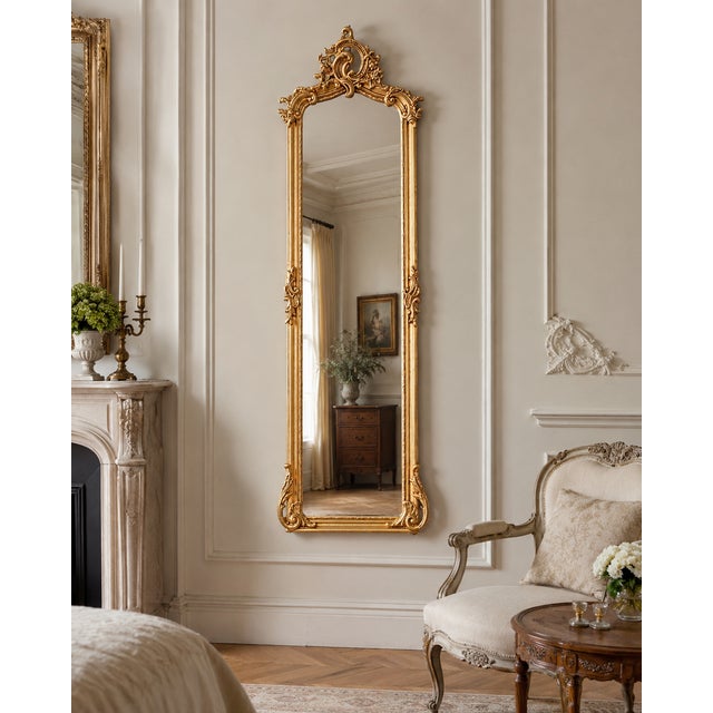 A dramatic 1970s French Baroque Rococo–style full-length floor mirror, designed with an ornate carved frame and a warm...