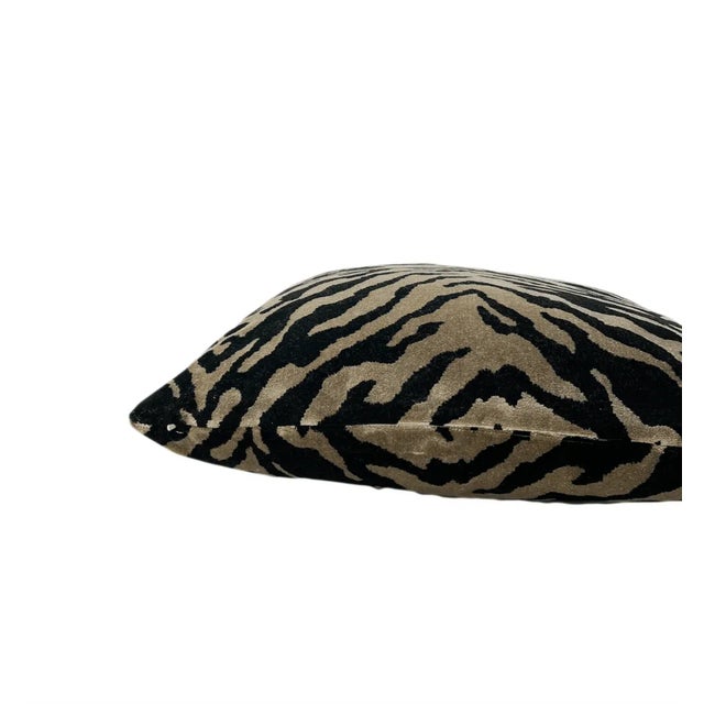 Contemporary Taupe Black Velvet Zebra Print Throw Pillow With Feather Down Insert For Sale - Image 3 of 6