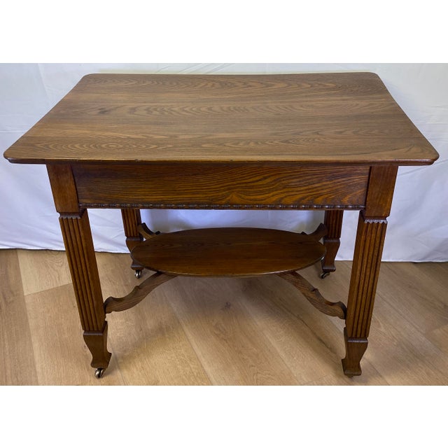 Traditional Elegant Vintage Oak Side Table With Drawer & Lower Shelf – Classic Fluted Legs For Sale - Image 3 of 8