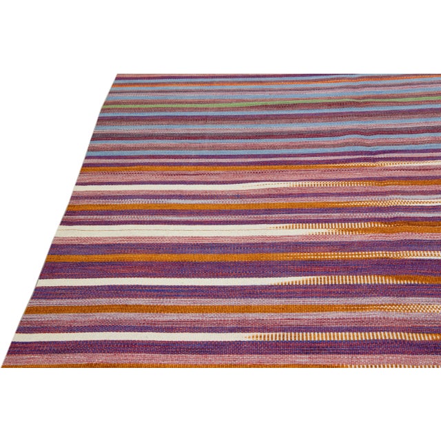 Modern Kilim Flatweave Abstract Motif Handmade Multicolor Wool Rug For Sale - Image 4 of 11