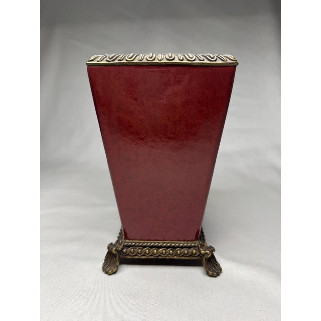 French Provincial Ceramic Solid Brass Bow Red Jardiniere For Sale - Image 4 of 11
