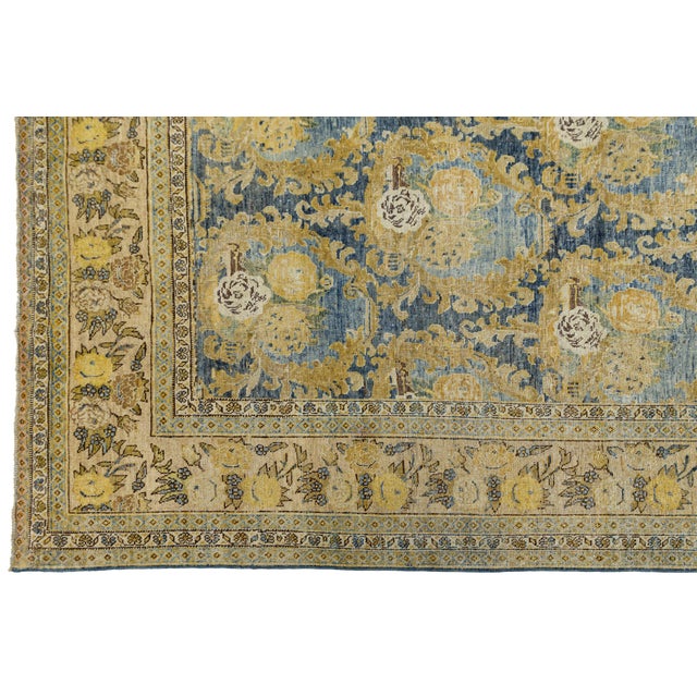 Antique Mahal Rug With Muted Ochre and Indigo Blue Floral Medallions For Sale - Image 12 of 12