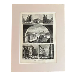 Antique 1874 Wood Engraving "Scenes in Philadelphia" PA w/Frame-Ready 11x14 Mat