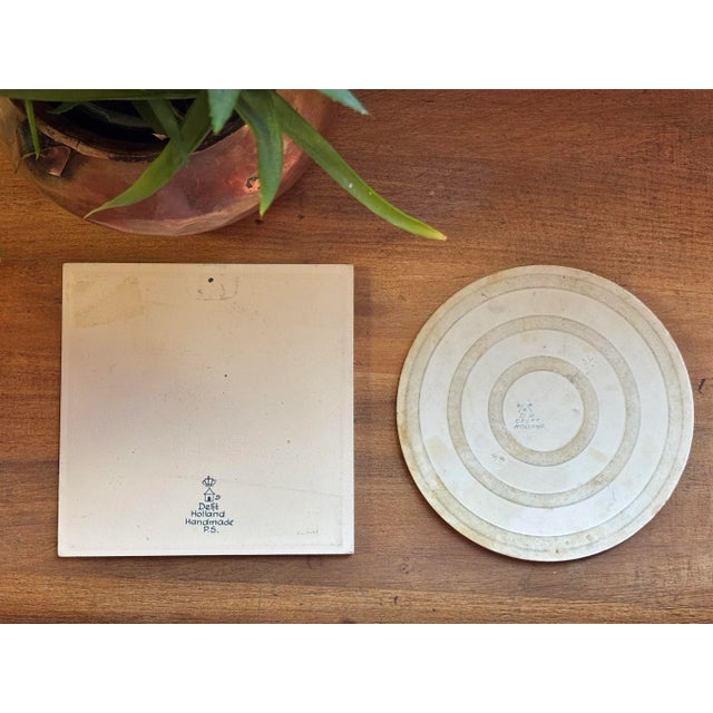 Delft Vintage Blue and White Delft Floral Trivet Tiles, a Pair For Sale - Image 4 of 6