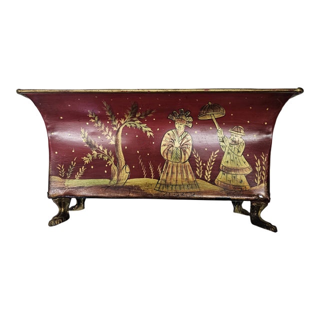 Vintage Red and Gilt Hand Painted Chinoiserie Tole Cache Pot on Lions Paw Feet For Sale