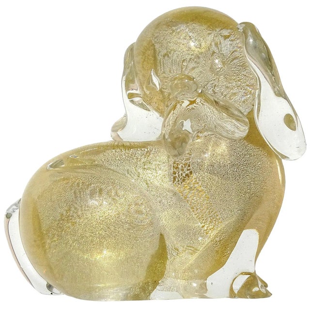 Gold Murano Seguso Signed Vintage Clear Gold Flecks Italian Art Glass Puppy Dog Figurine Sculpture For Sale - Image 8 of 8