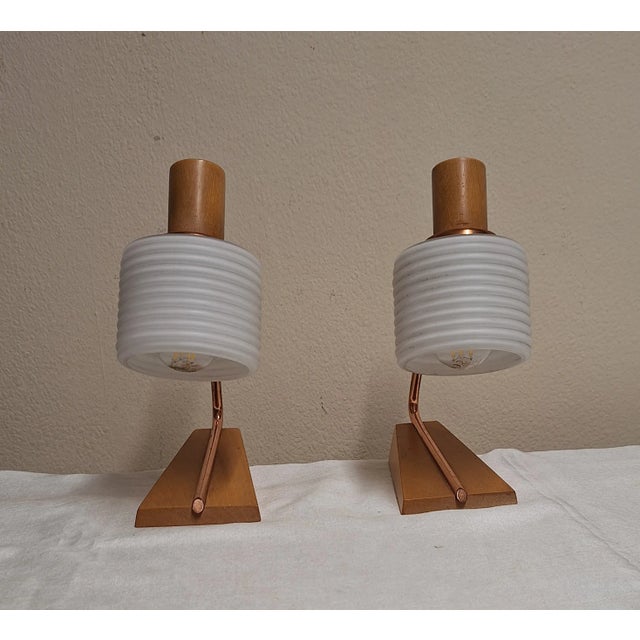 Mid-Century Modern Vintage Bedside Lamps with Copper Frame and White Patterned Glass Shade, 1960s, Set of 2 For Sale - Image 3 of 8