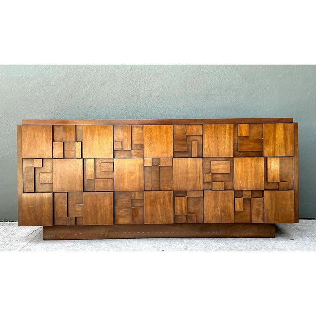 Wood Vintage Lane Brutalist “Mosaics” Geometric Wood Credenza For Sale - Image 7 of 12