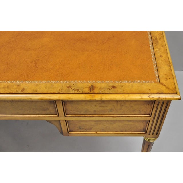 Brown Vintage French Louis XVI Style Burl Walnut Tooled Leather Top Writing Desk For Sale - Image 8 of 18