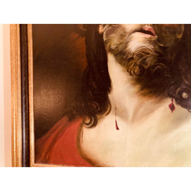 Sienna Antique Oil Portrait of Jesus Christ With Crown of Thorns Shoulder Draped With Scarlet Robe Painted in 1922 D Ferreiro For Sale - Image 8 of 11
