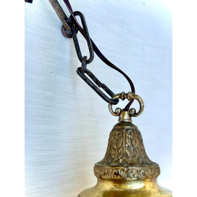 Vintage Murano Style Very Large Oval Shaped Blown Glass Pendant With “Onyx” Glass Swirl Golden Coloration and Brass Fittings For Sale - Image 10 of 12